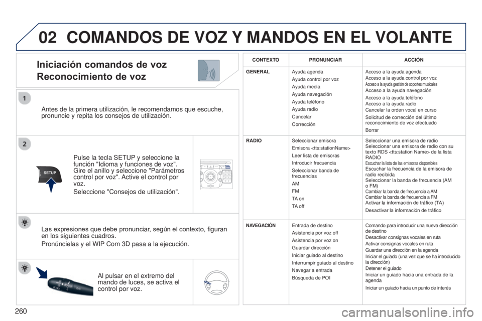 PEUGEOT 3008 2014 Manual del propietario (in Spanish) 02
SETUP2ABC3DEF5JKL4GHI6MNO8TUV7PQRS9WXYZ0*#
1NAVTRAFFICADDR
BOOKSETUP
260
3008_es_Chap12b_NG4_ed01-2014
Antes de la primera utilización, le recomendamos que escuche,
pronuncie y repita los consejo PEUGEOT 3008 2014 Manual del propietario (in Spanish) 02
SETUP2ABC3DEF5JKL4GHI6MNO8TUV7PQRS9WXYZ0*#
1NAVTRAFFICADDR
BOOKSETUP
260
3008_es_Chap12b_NG4_ed01-2014
Antes de la primera utilización, le recomendamos que escuche,
pronuncie y repita los consejo