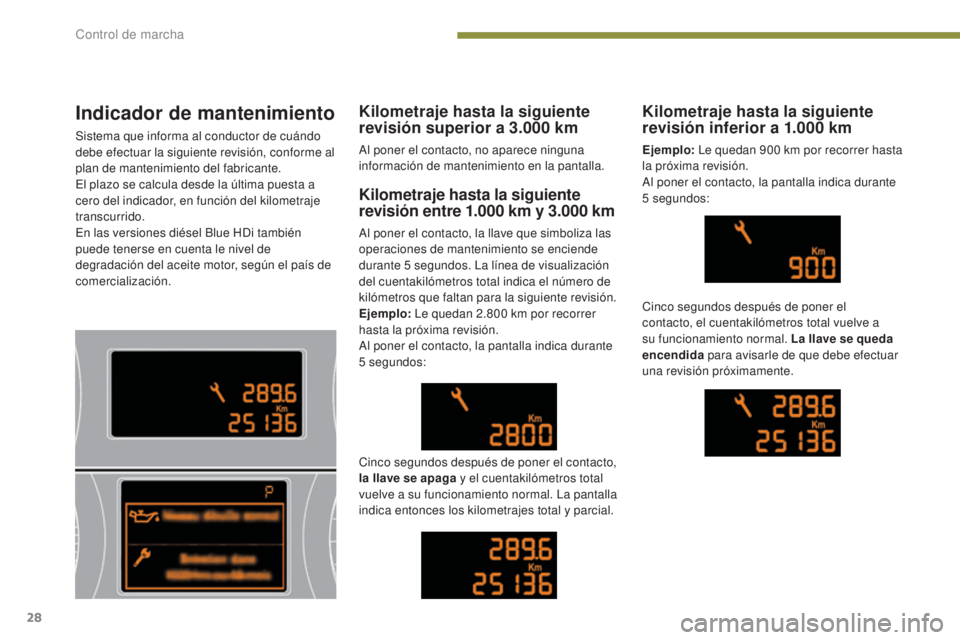 PEUGEOT 3008 2014 Manual del propietario (in Spanish) 28
Indicador de mantenimiento
Sistema que informa al conductor de cuándo
debe efectuar la siguiente revisión, conforme al
plan de mantenimiento del fabricante.
El plazo se calcula desde la última PEUGEOT 3008 2014 Manual del propietario (in Spanish) 28
Indicador de mantenimiento
Sistema que informa al conductor de cuándo
debe efectuar la siguiente revisión, conforme al
plan de mantenimiento del fabricante.
El plazo se calcula desde la última