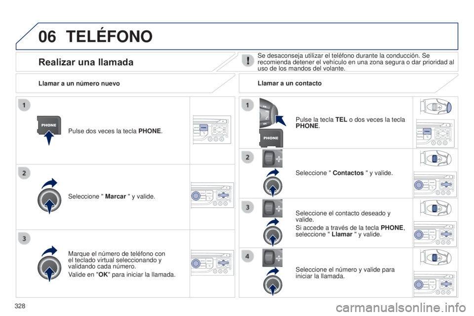PEUGEOT 3008 2014  Manual del propietario (in Spanish) 06
328
3008_es_Chap12c_RT6-2-8_ed01-2014
TELÉFONO
Pulse dos veces la tecla PHONE.
Seleccione "  Marcar " y valide. Seleccione " 
Contactos " y valide.
Marque el número de teléfono c