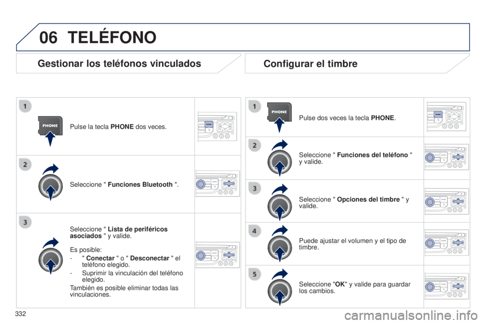 PEUGEOT 3008 2014  Manual del propietario (in Spanish) 06
332
3008_es_Chap12c_RT6-2-8_ed01-2014
Pulse la tecla PHONE dos veces.
Seleccione "  Lista de periféricos 
asociados " y valide.
Es posible:
-
  " Conectar " o " Desconectar  &#
