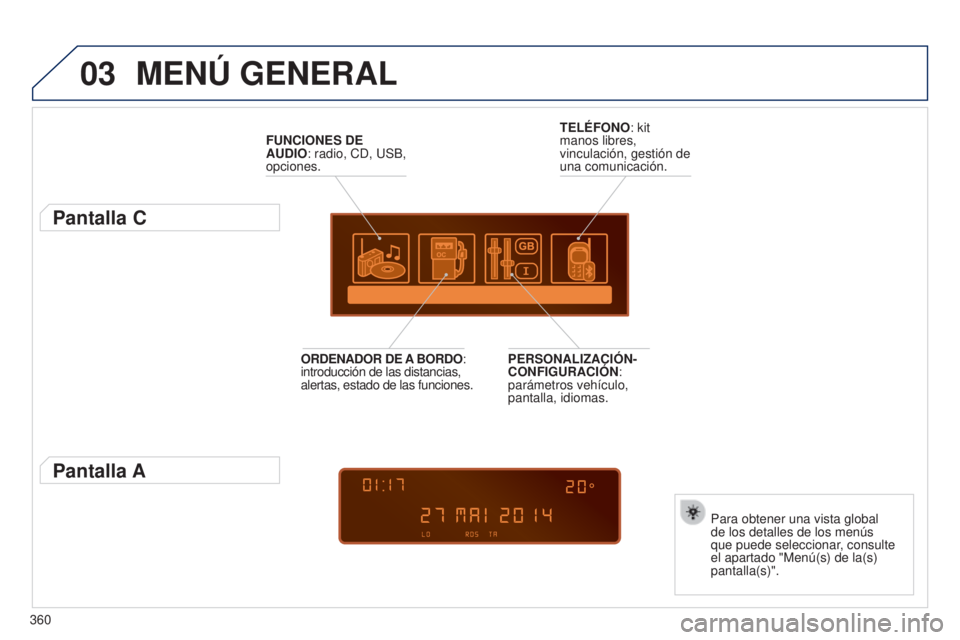 PEUGEOT 3008 2014  Manual del propietario (in Spanish) 03
360
3008_es_Chap12d_RD45_ed01_2013
MENú GENERAL
FUNCIONES DE 
AUDIO: radio, CD, USB, 
opciones.
Pantalla C
Para obtener una vista global 
de los detalles de los menús 
que puede seleccionar, cons