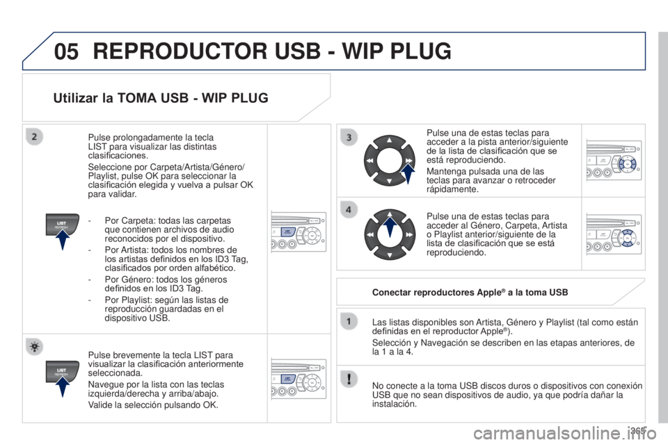 PEUGEOT 3008 2014  Manual del propietario (in Spanish) 05
365
3008_es_Chap12d_RD45_ed01_2013
Utilizar la TOMA USB - WIP PLUG
Pulse brevemente la tecla LIST para 
visualizar la clasificación anteriormente 
seleccionada.
Navegue por la lista con las teclas