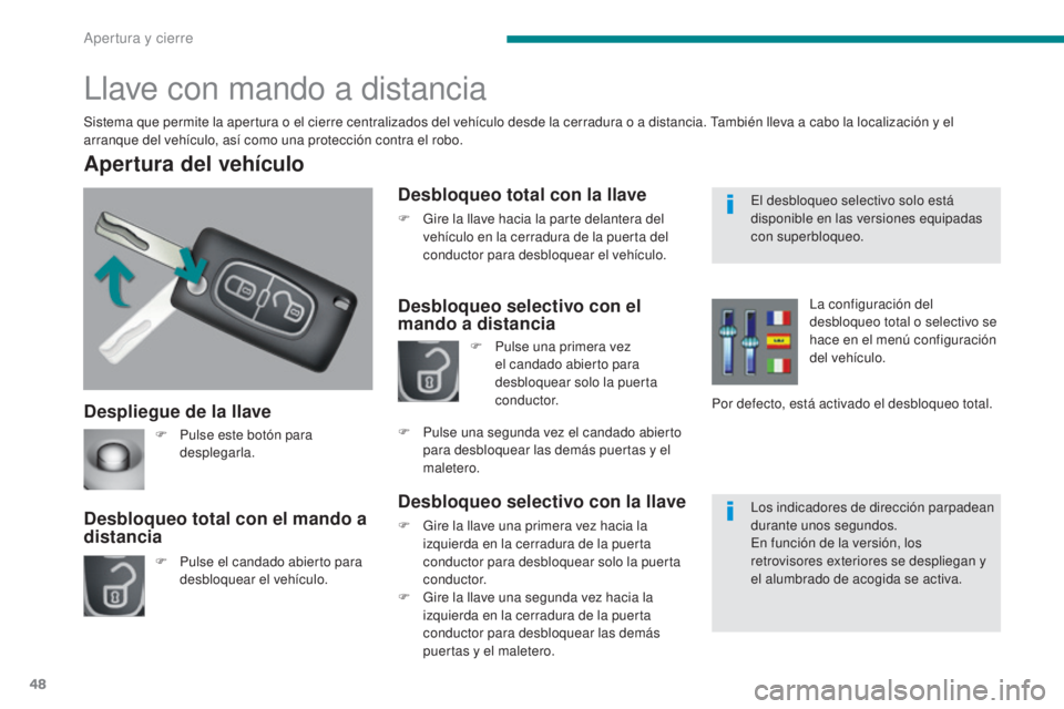 PEUGEOT 3008 2014 Manual del propietario (in Spanish) 48
Despliegue de la llave
Apertura del vehículo
F Pulse el candado abierto para desbloquear el vehículo.
Desbloqueo total con el mando a
distancia
Llave con mando a distancia
Sistema que permite la PEUGEOT 3008 2014 Manual del propietario (in Spanish) 48
Despliegue de la llave
Apertura del vehículo
F Pulse el candado abierto para desbloquear el vehículo.
Desbloqueo total con el mando a
distancia
Llave con mando a distancia
Sistema que permite la
