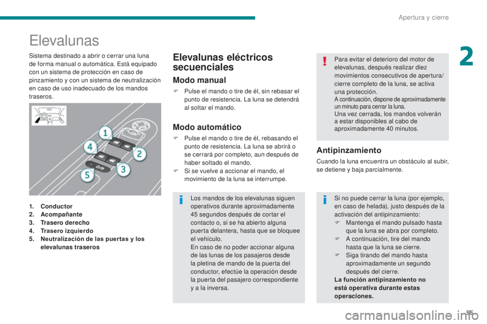 PEUGEOT 3008 2014 Manual del propietario (in Spanish) 55
Elevalunas
1. Conductor
2. Acompañante
3.
T
rasero derecho
4.
T
rasero izquierdo
5.
N
eutralización de las puer tas y los
elevalunas traseros
Antipinzamiento
Cuando la luna encuentra un ob PEUGEOT 3008 2014 Manual del propietario (in Spanish) 55
Elevalunas
1. Conductor
2. Acompañante
3.
T
rasero derecho
4.
T
rasero izquierdo
5.
N
eutralización de las puer tas y los
elevalunas traseros
Antipinzamiento
Cuando la luna encuentra un ob