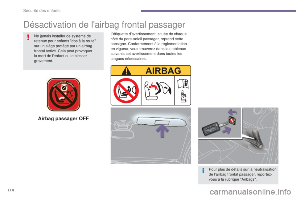 PEUGEOT 3008 2014 Manuel du propriétaire (in French) 114
Airbag passager OFF
Pour plus de détails sur la neutralisation
de l’airbag frontal passager, reportez-
vous à la rubrique "Airbags".
Ne jamais installer de système de
retenue pour e PEUGEOT 3008 2014 Manuel du propriétaire (in French) 114
Airbag passager OFF
Pour plus de détails sur la neutralisation
de l’airbag frontal passager, reportez-
vous à la rubrique "Airbags".
Ne jamais installer de système de
retenue pour e