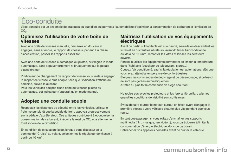PEUGEOT 3008 2014 Manuel du propriétaire (in French) 12
Éco-conduite
L'éco-conduite est un ensemble de pratiques au quotidien qui permet à l'automobiliste d'optimiser la consommation de carburant et l'émission de
CO
2.
Optimisez l PEUGEOT 3008 2014 Manuel du propriétaire (in French) 12
Éco-conduite
L'éco-conduite est un ensemble de pratiques au quotidien qui permet à l'automobiliste d'optimiser la consommation de carburant et l'émission de
CO
2.
Optimisez l