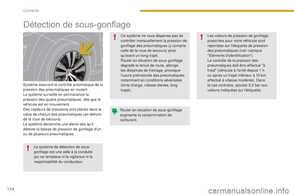 PEUGEOT 3008 2014 Manuel du propriétaire (in French) 174
Détection de sous-gonflage
Système assurant le contrôle automatique de la
pression des pneumatiques en roulant.
Le système surveille en permanence la
pression des quatre pneumatiques, dès q PEUGEOT 3008 2014 Manuel du propriétaire (in French) 174
Détection de sous-gonflage
Système assurant le contrôle automatique de la
pression des pneumatiques en roulant.
Le système surveille en permanence la
pression des quatre pneumatiques, dès q