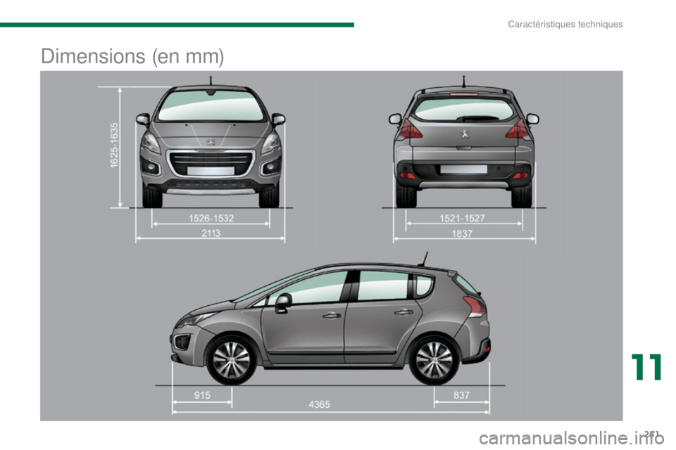 PEUGEOT 3008 2014 Manuel du propriétaire (in French) 251
Dimensions (en mm)
11
Caractéristiques techniques PEUGEOT 3008 2014 Manuel du propriétaire (in French) 251
Dimensions (en mm)
11
Caractéristiques techniques