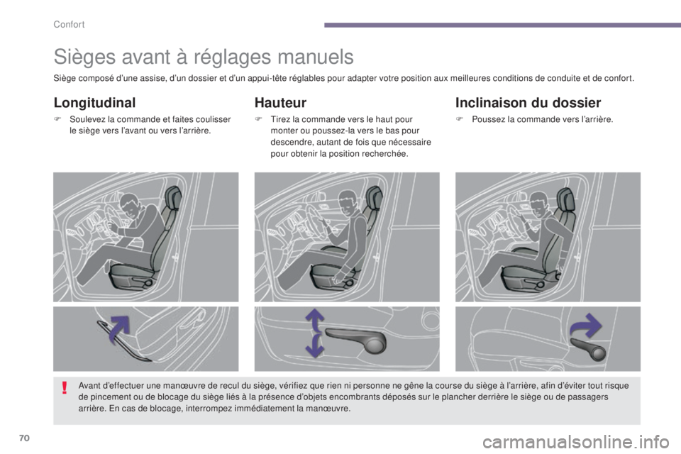 PEUGEOT 3008 2014 Manuel du propriétaire (in French) 70
Sièges avant à réglages manuels
Hauteur
F Tirez la commande vers le haut pour monter ou poussez-la vers le bas pour
descendre, autant de fois que nécessaire
pour obtenir la position recherchà PEUGEOT 3008 2014 Manuel du propriétaire (in French) 70
Sièges avant à réglages manuels
Hauteur
F Tirez la commande vers le haut pour monter ou poussez-la vers le bas pour
descendre, autant de fois que nécessaire
pour obtenir la position recherchÃ