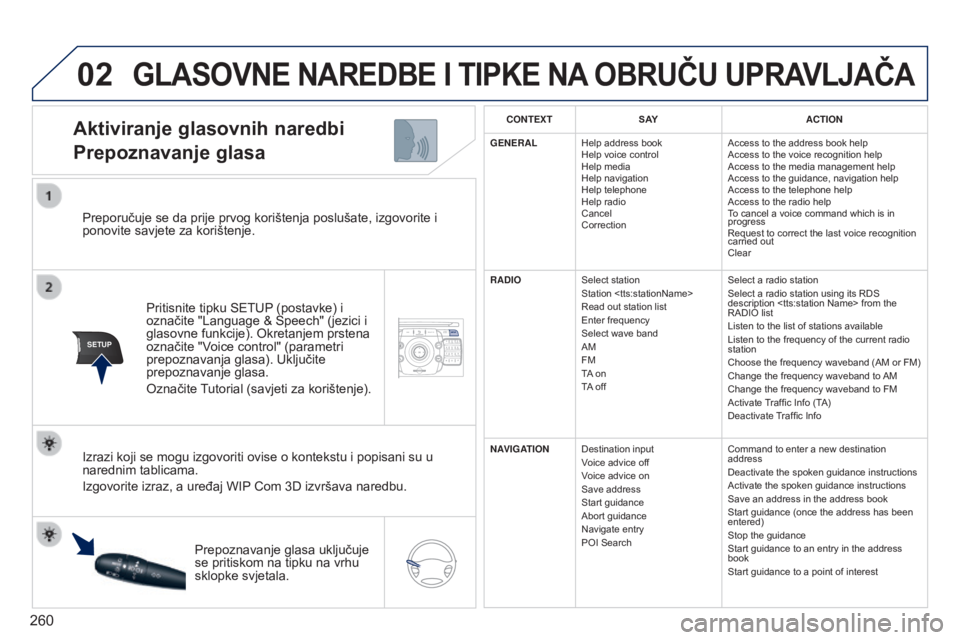 PEUGEOT 3008 2014  Upute Za Rukovanje (in Croatian) 02
SETUP2ABC3DEF5JKL4GHI6MNO8TUV7PQRS9WXYZ0*#
1NAVTRAFFICADDR
BOOKSETUP
260
3008_hr_Chap12b_NG4_ed01-2014
Preporučuje se da prije prvog korištenja poslušate, izgovorite i 
ponovite savjete za kori�