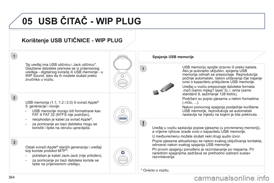 PEUGEOT 3008 2014  Upute Za Rukovanje (in Croatian) 05
364
3008_hr_Chap12d_RD45_ed01_2013
USB ČITAČ - WIP PLUG
Uređaj u vozilu sastavlja popise pjesama (u privremenoj memoriji), 
a vrijeme njihove izrade ovisi o kapacitetu USB memorije.
U međuvreme