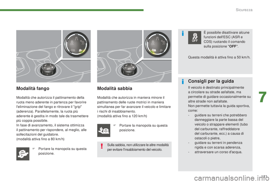 PEUGEOT 3008 2014 Manuale duso (in Italian) 131
Modalità fango
Modalità che autorizza il pattinamento della
ruota meno aderente in partenza per favorire
l'eliminazione del fango e ritrovare il "grip"
(aderenza). Parallelamente, PEUGEOT 3008 2014 Manuale duso (in Italian) 131
Modalità fango
Modalità che autorizza il pattinamento della
ruota meno aderente in partenza per favorire
l'eliminazione del fango e ritrovare il "grip"
(aderenza). Parallelamente,