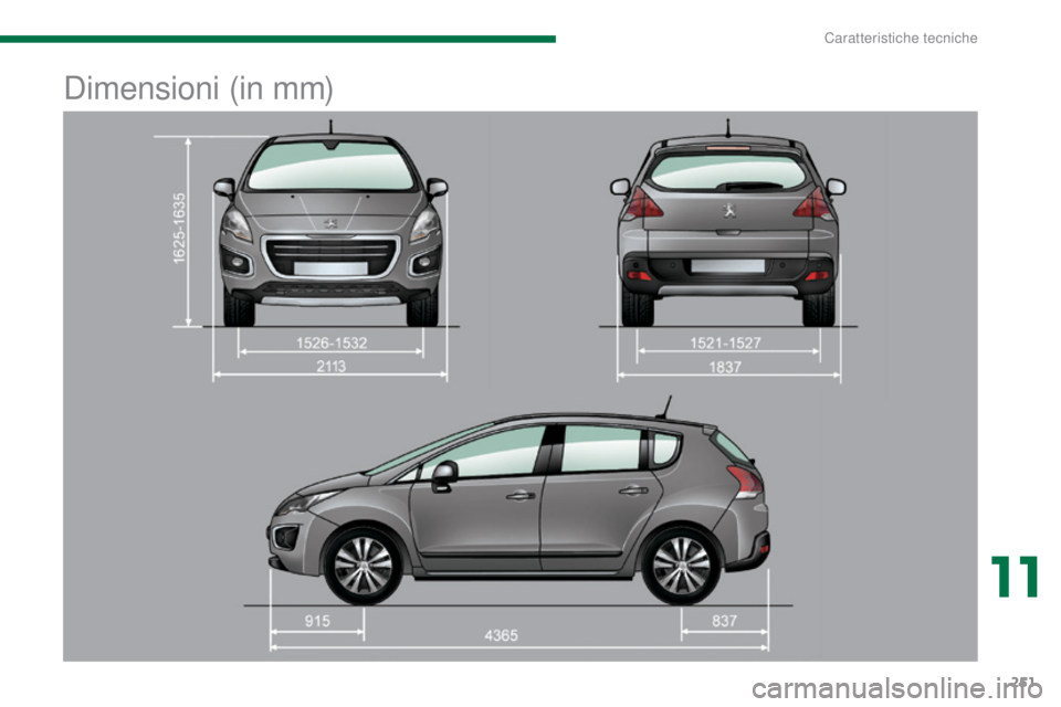 PEUGEOT 3008 2014 Manuale duso (in Italian) 251
Dimensioni (in mm)
11
Caratteristiche tecniche PEUGEOT 3008 2014 Manuale duso (in Italian) 251
Dimensioni (in mm)
11
Caratteristiche tecniche