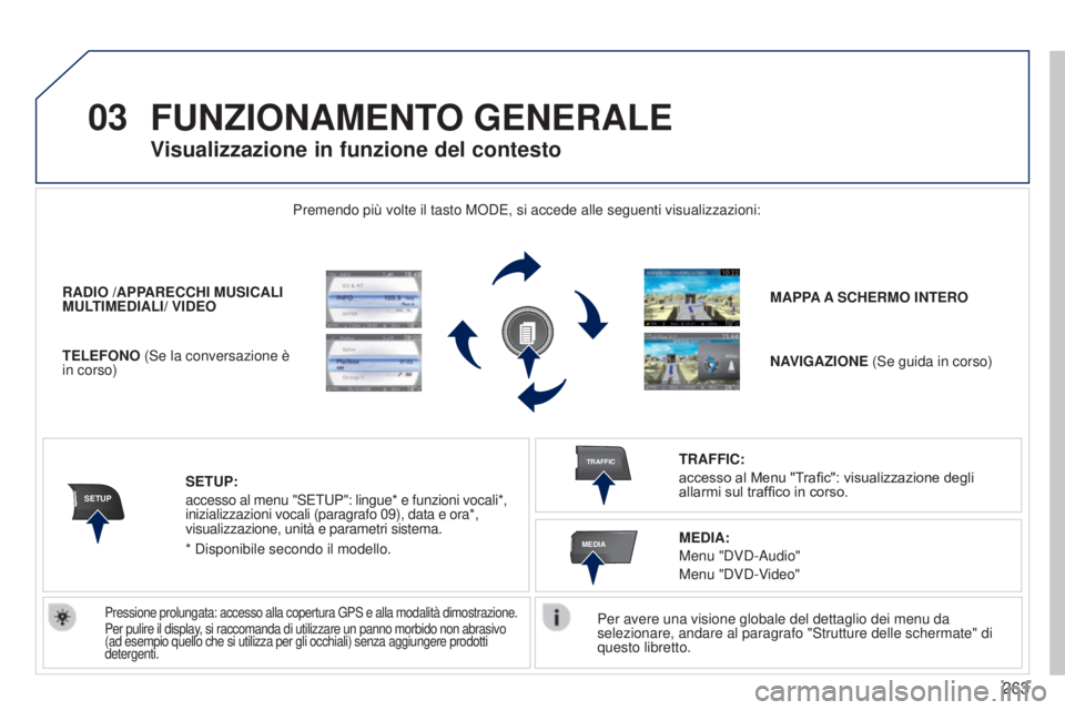 PEUGEOT 3008 2014 Manuale duso (in Italian) 03
SETUP
TRAFFIC
MEDIA
263
3008_it_Chap12b_Ng4_ed01-2014
FUNZIONAMENTO GENERALE
Per avere una visione globale del dettaglio dei menu da
selezionare, andare al paragrafo "Strutture delle schermate PEUGEOT 3008 2014 Manuale duso (in Italian) 03
SETUP
TRAFFIC
MEDIA
263
3008_it_Chap12b_Ng4_ed01-2014
FUNZIONAMENTO GENERALE
Per avere una visione globale del dettaglio dei menu da
selezionare, andare al paragrafo "Strutture delle schermate
