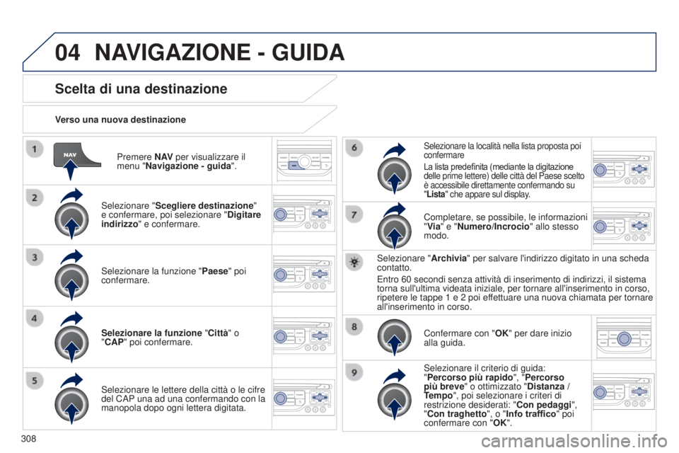 PEUGEOT 3008 2014 Manuale duso (in Italian) 04
308
3008_it_Chap12c_Rt6-2-8_ed01-2014
Premere N AV per visualizzare il
menu "Navigazione - guida ".
Verso una nuova destinazione
Scelta di una destinazione
Selezionare "
Scegliere dest PEUGEOT 3008 2014 Manuale duso (in Italian) 04
308
3008_it_Chap12c_Rt6-2-8_ed01-2014
Premere N AV per visualizzare il
menu "Navigazione - guida ".
Verso una nuova destinazione
Scelta di una destinazione
Selezionare "
Scegliere dest