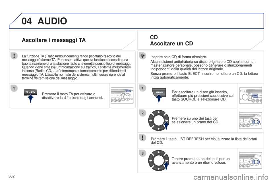 PEUGEOT 3008 2014 Manuale duso (in Italian) 04
362
3008_it_Chap12d_RD45_ed01_2013
AUDIO
Inserire solo CD di forma circolare.
Alcuni sistemi antipirateria su disco originale o CD copiati con un
masterizzatore personale, possono generare disfunz PEUGEOT 3008 2014 Manuale duso (in Italian) 04
362
3008_it_Chap12d_RD45_ed01_2013
AUDIO
Inserire solo CD di forma circolare.
Alcuni sistemi antipirateria su disco originale o CD copiati con un
masterizzatore personale, possono generare disfunz