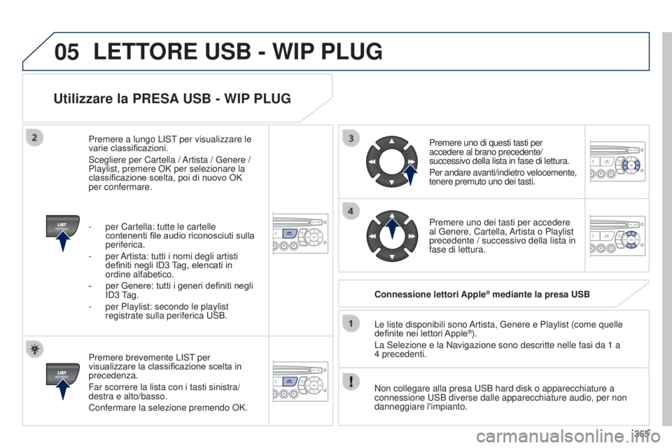 PEUGEOT 3008 2014 Manuale duso (in Italian) 05
365
3008_it_Chap12d_RD45_ed01_2013
Utilizzare la PRESA USB - WIP PLUG
Premere brevemente LISt per
visualizzare la classificazione scelta in
precedenza.
Far scorrere la lista con i tasti sinistra/ PEUGEOT 3008 2014 Manuale duso (in Italian) 05
365
3008_it_Chap12d_RD45_ed01_2013
Utilizzare la PRESA USB - WIP PLUG
Premere brevemente LISt per
visualizzare la classificazione scelta in
precedenza.
Far scorrere la lista con i tasti sinistra/