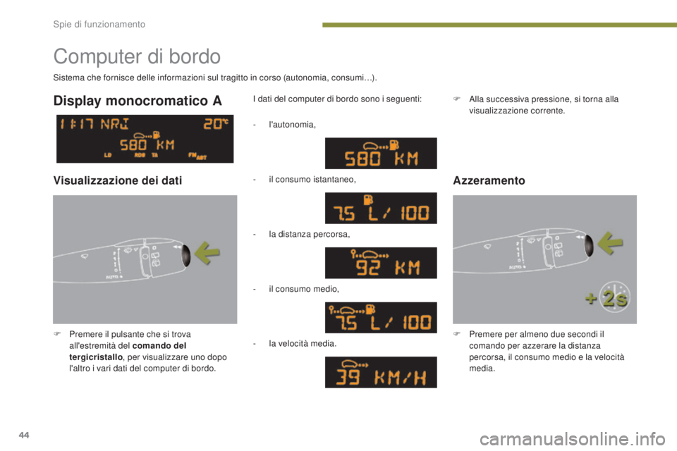 PEUGEOT 3008 2014 Manuale duso (in Italian) 44
Computer di bordo
F Premere il pulsante che si trova all'estremità del comando del
tergicristallo , per visualizzare uno dopo
l'altro i vari dati del computer di bordo. I dati del comput PEUGEOT 3008 2014 Manuale duso (in Italian) 44
Computer di bordo
F Premere il pulsante che si trova all'estremità del comando del
tergicristallo , per visualizzare uno dopo
l'altro i vari dati del computer di bordo. I dati del comput