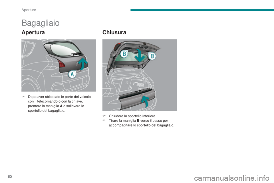 PEUGEOT 3008 2014 Manuale duso (in Italian) 60
Apertura
Bagagliaio
Chiusura
F Dopo aver sbloccato le porte del veicolo con il telecomando o con la chiave,
premere la maniglia A e sollevare lo
sportello del bagagliaio.
F
Ch
iudere lo sporte PEUGEOT 3008 2014 Manuale duso (in Italian) 60
Apertura
Bagagliaio
Chiusura
F Dopo aver sbloccato le porte del veicolo con il telecomando o con la chiave,
premere la maniglia A e sollevare lo
sportello del bagagliaio.
F
Ch
iudere lo sporte