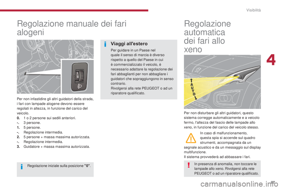 PEUGEOT 3008 2014 Manuale duso (in Italian) 87
Regolazione manuale dei fari
alogeni
Per non infastidire gli altri guidatori della strada,
i fari con lampade alogene devono essere
regolati in altezza, in funzione del carico del
veicolo.
0.
PEUGEOT 3008 2014 Manuale duso (in Italian) 87
Regolazione manuale dei fari
alogeni
Per non infastidire gli altri guidatori della strada,
i fari con lampade alogene devono essere
regolati in altezza, in funzione del carico del
veicolo.
0.