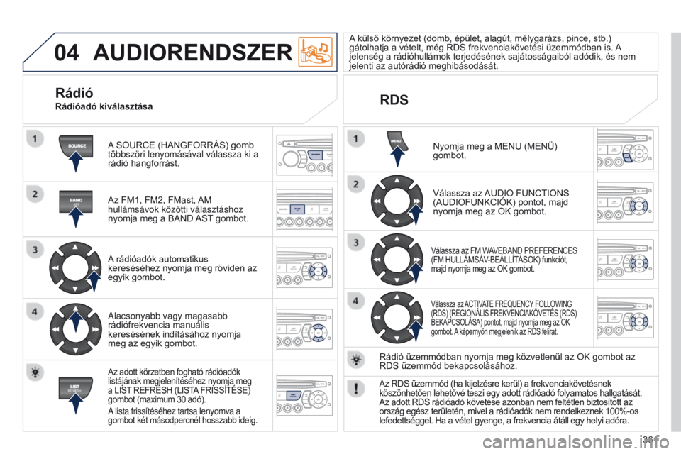 PEUGEOT 3008 2014 Kezelési útmutató (in Hungarian) 04
361
3008_hu_Chap12d_RD45_ed01_2013
AUDIORENDSZER
A SOURCE (HANGFORRÁS) gomb
többszöri lenyomásával válassza ki a
rádió hangforrást.
Az FM1, FM2, FMast, AM
hullámsávok közötti válas PEUGEOT 3008 2014 Kezelési útmutató (in Hungarian) 04
361
3008_hu_Chap12d_RD45_ed01_2013
AUDIORENDSZER
A SOURCE (HANGFORRÁS) gomb
többszöri lenyomásával válassza ki a
rádió hangforrást.
Az FM1, FM2, FMast, AM
hullámsávok közötti válas