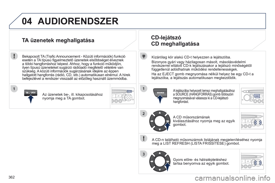 PEUGEOT 3008 2014 Kezelési útmutató (in Hungarian) 04
362
3008_hu_Chap12d_RD45_ed01_2013
AUDIORENDSZER
Kizárólag kör alakú CD-t helyezzen a lejátszóba.
Bizonyos gyári vagy házilagosan másolt, másolásvédelmi
rendszerrel ellátott CD-k lej PEUGEOT 3008 2014 Kezelési útmutató (in Hungarian) 04
362
3008_hu_Chap12d_RD45_ed01_2013
AUDIORENDSZER
Kizárólag kör alakú CD-t helyezzen a lejátszóba.
Bizonyos gyári vagy házilagosan másolt, másolásvédelmi
rendszerrel ellátott CD-k lej