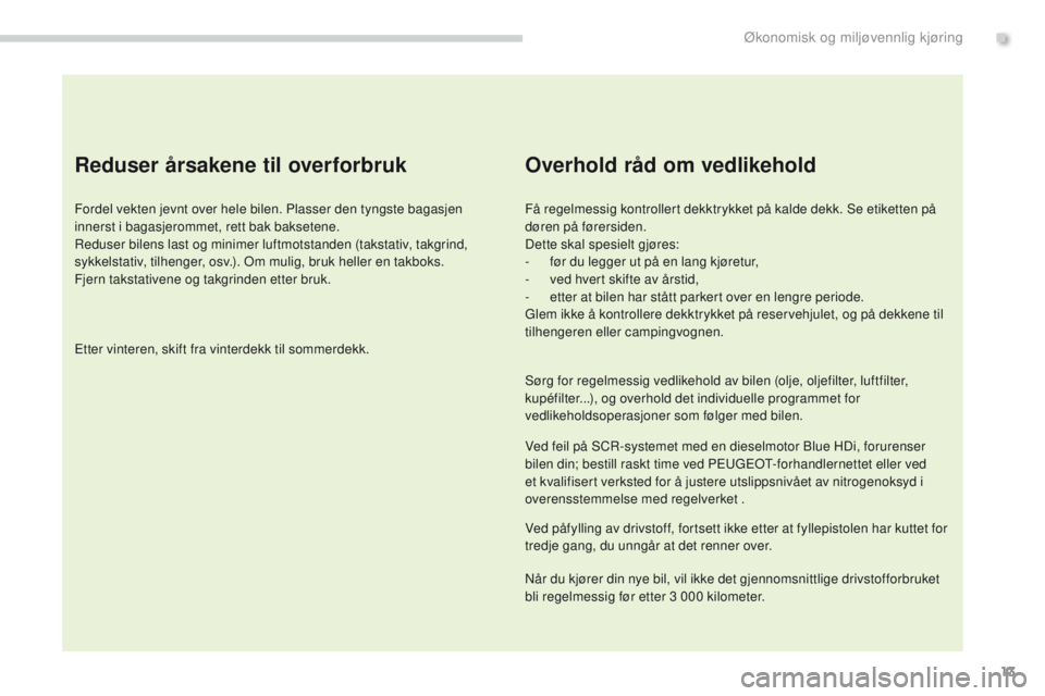 PEUGEOT 3008 2014 Instruksjoner for bruk (in Norwegian) 13
Reduser årsakene til overforbruk
Fordel vekten jevnt over hele bilen. Plasser den tyngste bagasjen
innerst i bagasjerommet, rett bak baksetene.
Reduser bilens last og minimer luftmotstanden (taks PEUGEOT 3008 2014 Instruksjoner for bruk (in Norwegian) 13
Reduser årsakene til overforbruk
Fordel vekten jevnt over hele bilen. Plasser den tyngste bagasjen
innerst i bagasjerommet, rett bak baksetene.
Reduser bilens last og minimer luftmotstanden (taks