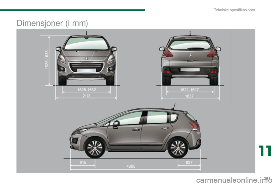 PEUGEOT 3008 2014  Instruksjoner for bruk (in Norwegian) 251
Dimensjoner (i mm)
11 
tekniske spesifikasjoner  