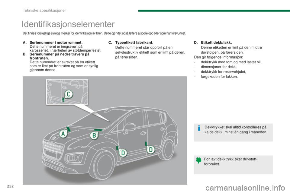 PEUGEOT 3008 2014  Instruksjoner for bruk (in Norwegian) 252
Identifikasjonselementer
A. Serienummer i motorrommet.  D
ette nummeret er inngravert på 
karosseriet, i nærheten av støtdemperfestet.
B.
 S

erienummer på nedre travers på 
frontruten.  
 D
