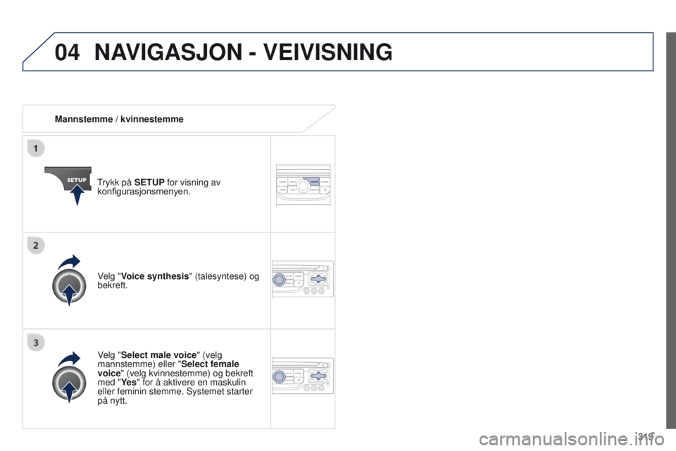 PEUGEOT 3008 2014  Instruksjoner for bruk (in Norwegian) 04
319
3008_no_Chap12c_Rt6-2-8_ed01-2014
Mannstemme / kvinnestemme
trykk på 

SETUP for visning av 
konfigurasjonsmenyen.
Velg "Select male voice" (velg 
mannstemme) eller " Select female