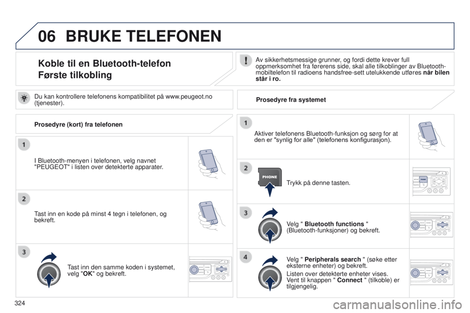 PEUGEOT 3008 2014  Instruksjoner for bruk (in Norwegian) 06
324
3008_no_Chap12c_Rt6-2-8_ed01-2014
BRUKE TELEFONEN
Koble til en Bluetooth-telefon
Første tilkoblingAv sikkerhetsmessige grunner, og fordi dette krever full 
oppmerksomhet fra førerens side, sk