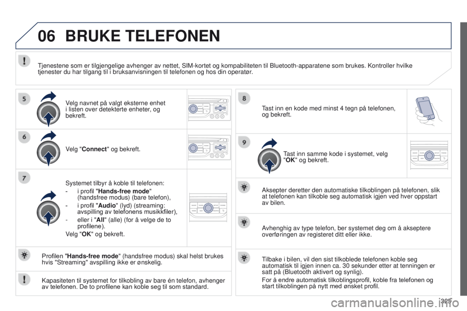 PEUGEOT 3008 2014  Instruksjoner for bruk (in Norwegian) 06
325
3008_no_Chap12c_Rt6-2-8_ed01-2014
BRUKE TELEFONEN
Velg "Connect" og bekreft.
Systemet tilbyr å koble til telefonen:
-	 i
	 profil 	 "Hands-free mode" 
(handsfree modus) (bare t