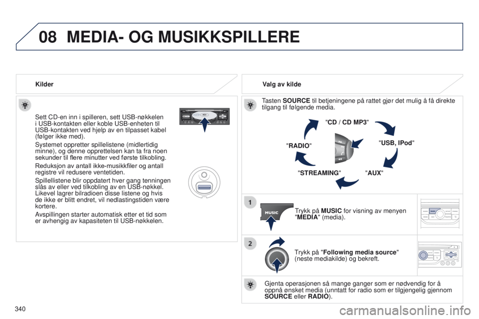 PEUGEOT 3008 2014 Instruksjoner for bruk (in Norwegian) 08
340
3008_no_Chap12c_Rt6-2-8_ed01-2014
Sett CD-en inn i spilleren, sett uSB-nøkkelen
i u SB-kontakten eller koble u SB-enheten til
u
SB-kontakten ved hjelp av en tilpasset kabel
(følger ikke PEUGEOT 3008 2014 Instruksjoner for bruk (in Norwegian) 08
340
3008_no_Chap12c_Rt6-2-8_ed01-2014
Sett CD-en inn i spilleren, sett uSB-nøkkelen
i u SB-kontakten eller koble u SB-enheten til
u
SB-kontakten ved hjelp av en tilpasset kabel
(følger ikke
