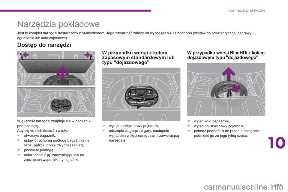 PEUGEOT 3008 2014 Instrukcja obsługi (in Polish) 203
Narzędzia pokładowe
Jest to komplet narzędzi dostarczony z samochodem. Jego zawartość zależy od wyposażenia samochodu (zestaw do prowizorycznej naprawy
ogumienia lub koło zapasowe).
DostÄ PEUGEOT 3008 2014 Instrukcja obsÅ‚ugi (in Polish) 203
Narzędzia pokładowe
Jest to komplet narzędzi dostarczony z samochodem. Jego zawartość zależy od wyposażenia samochodu (zestaw do prowizorycznej naprawy
ogumienia lub koło zapasowe).
DostÄ