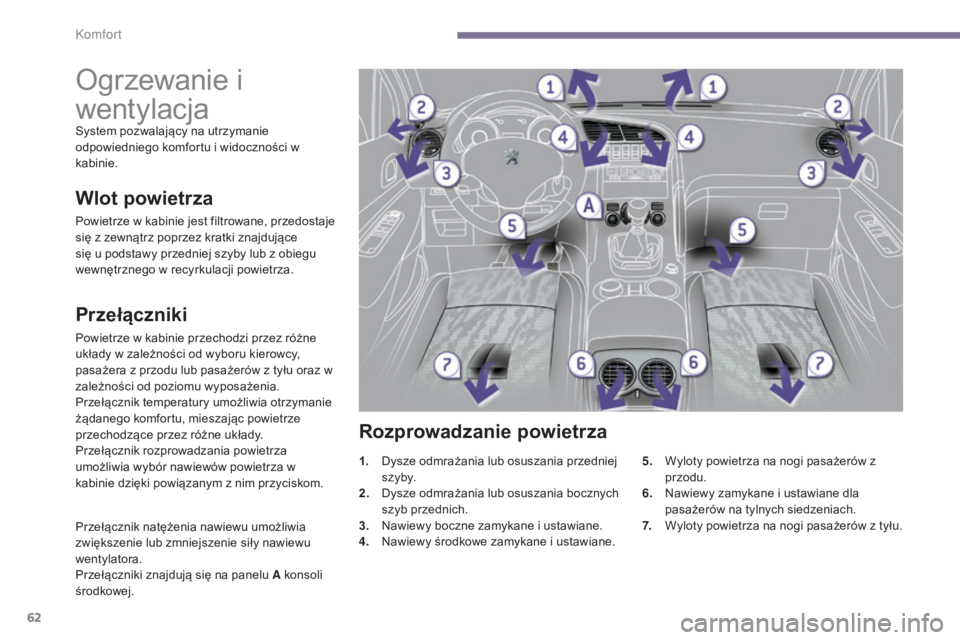 PEUGEOT 3008 2014  Instrukcja obsługi (in Polish) 62
Ogrzewanie i 
wentylacja
System pozwalający na utrzymanie 
odpowiedniego komfortu i widoczności w 
kabinie.
Przełączniki
Powietrze w kabinie przechodzi przez różne 
układy w zależności od 