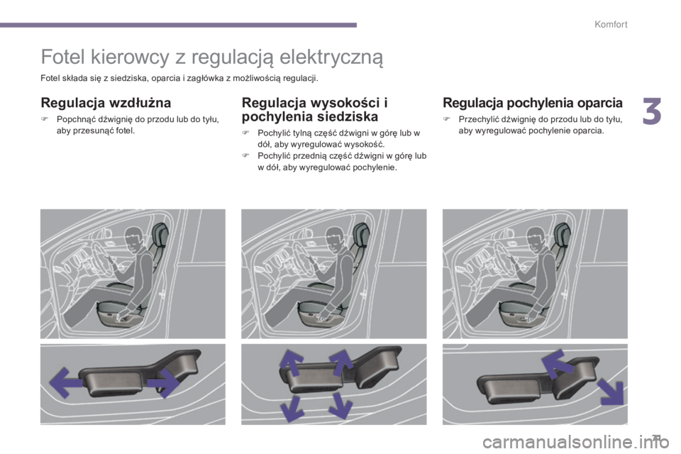 PEUGEOT 3008 2014  Instrukcja obsługi (in Polish) 71
Fotel kierowcy z regulacją elektryczną
Regulacja wzdłużna
F Popchnąć dźwignię do przodu lub do tyłu, aby przesunąć fotel.
Regulacja wysokości i 
pochylenia siedziska
F Pochylić tylną 
