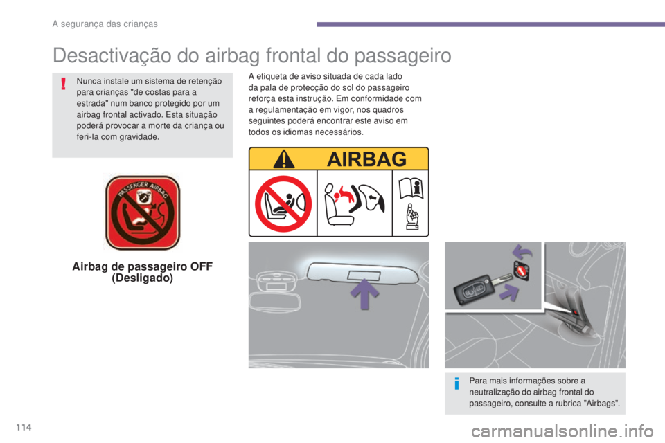 PEUGEOT 3008 2014  Manual de utilização (in Portuguese) 114
Airbag de passageiro OFF (Desligado)
Para mais informações sobre a 
neutralização do airbag frontal do 
passageiro, consulte a rubrica "Airbags".
Nunca instale um sistema de retenção