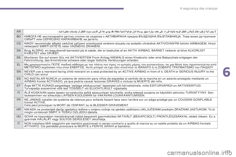PEUGEOT 3008 2014  Manual de utilização (in Portuguese) AR
B g
НИКОГА НЕ инсталирайте детско столче на седалка с АКТИВИРАНА предна ВЪЗДУШНА ВЪЗГЛАВНИЦ А. Това може да п
