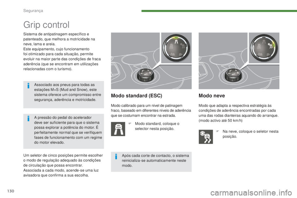 PEUGEOT 3008 2014  Manual de utilização (in Portuguese) 130
grip control
Modo standard (ESC)
F Modo standard, coloque o selector nesta posição.
Modo neve
Sistema de antipatinagem específico e 
patenteado, que melhora a motricidade na 
neve, lama e areia