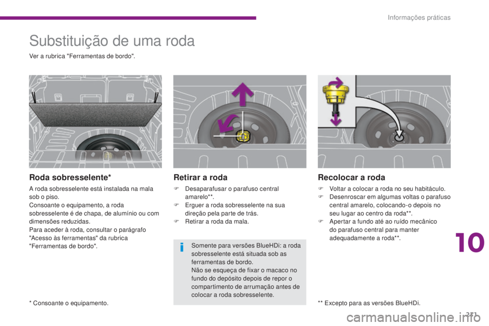 PEUGEOT 3008 2014  Manual de utilização (in Portuguese) 211
Recolocar a roda
F Voltar a colocar a roda no seu habitáculo.
F D esenroscar em algumas voltas o parafuso 
central amarelo, colocando-o depois no 
seu lugar ao centro da roda**.
F
 
A
 pertar a f