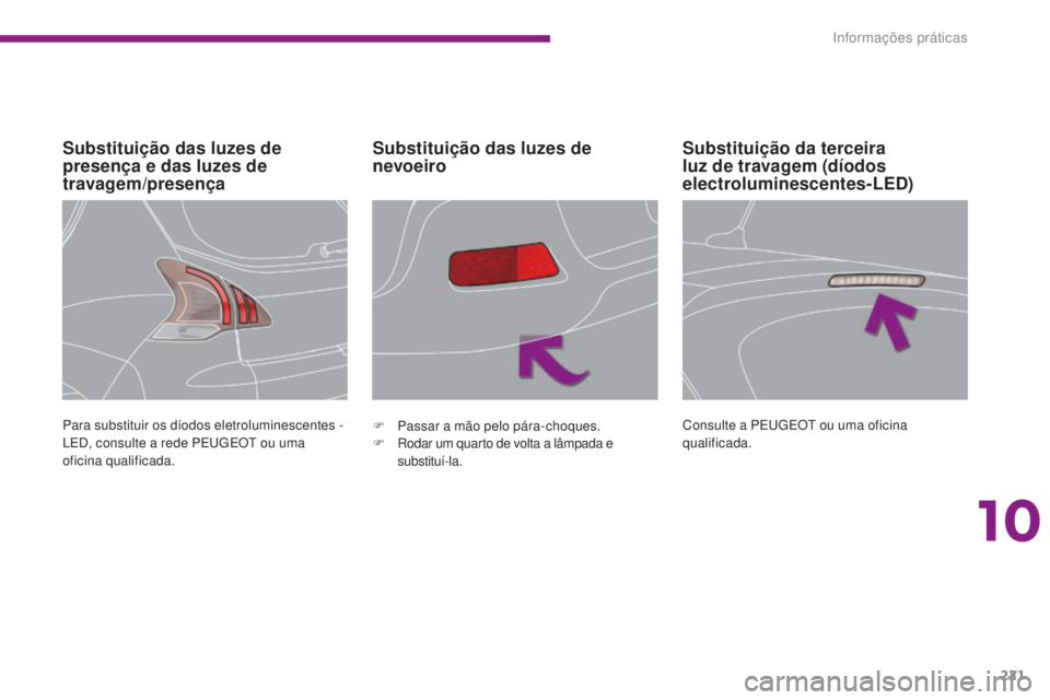 PEUGEOT 3008 2014 Manual de utilização (in Portuguese) 221
Substituição das luzes de
presença e das luzes de
travagem/presençaSubstituição das luzes de
nevoeiro
Para substituir os díodos eletroluminescentes -
LED, consulte a rede PEu
gE Ot ou PEUGEOT 3008 2014 Manual de utilização (in Portuguese) 221
Substituição das luzes de
presença e das luzes de
travagem/presençaSubstituição das luzes de
nevoeiro
Para substituir os díodos eletroluminescentes -
LED, consulte a rede PEu
gE Ot ou