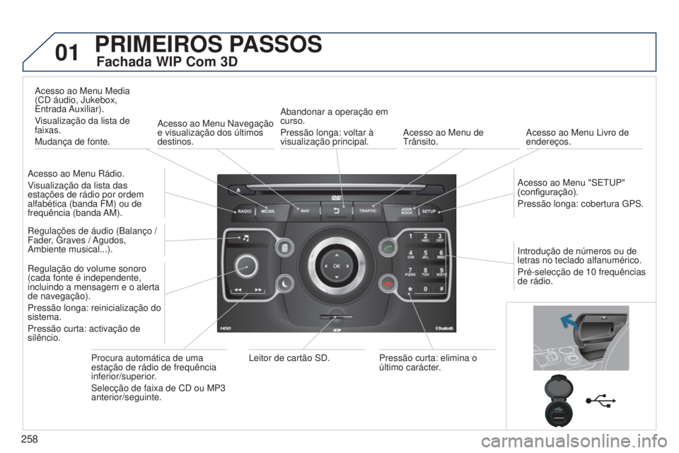 PEUGEOT 3008 2014  Manual de utilização (in Portuguese) 01
258
3008_pt_Chap12b_Ng4_ed01-2014
PRIMEIROS PASSOS
Fachada WIP Com 3D
Acesso ao Menu Rádio.
Visualização da lista das 
estações de rádio por ordem 
alfabética (banda FM) ou de 
frequência  