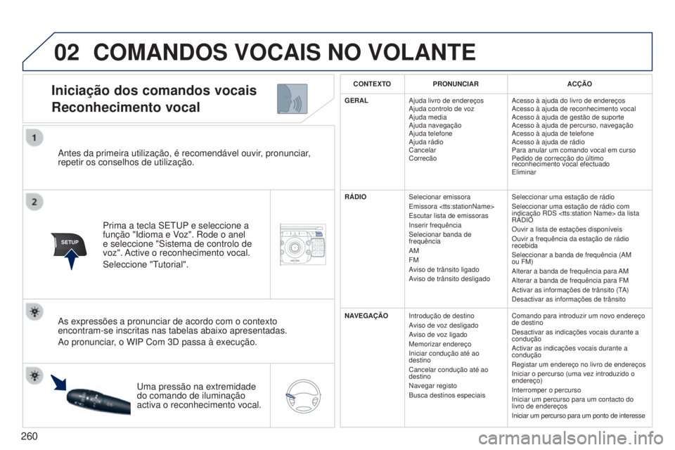 PEUGEOT 3008 2014 Manual de utilização (in Portuguese) 02
SETUP2ABC3DEF5JKL4GHI6MNO8TUV7PQRS9WXYZ0*#
1NAVTRAFFICADDR
BOOKSETUP
260
3008_pt_Chap12b_Ng4_ed01-2014
Antes da primeira utilização, é recomendável ouvir, pronunciar,
repetir os conselhos de u PEUGEOT 3008 2014 Manual de utilização (in Portuguese) 02
SETUP2ABC3DEF5JKL4GHI6MNO8TUV7PQRS9WXYZ0*#
1NAVTRAFFICADDR
BOOKSETUP
260
3008_pt_Chap12b_Ng4_ed01-2014
Antes da primeira utilização, é recomendável ouvir, pronunciar,
repetir os conselhos de u