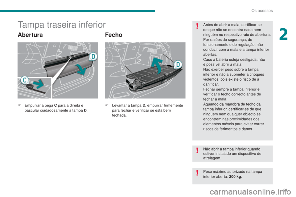 PEUGEOT 3008 2014  Manual de utilização (in Portuguese) 61
tampa traseira inferior
AberturaFecho
Antes de abrir a mala, certificar-se 
de que não se encontra nada nem 
ninguém no respectivo raio de abertura.
Por razões de segurança, de 
funcionamento e