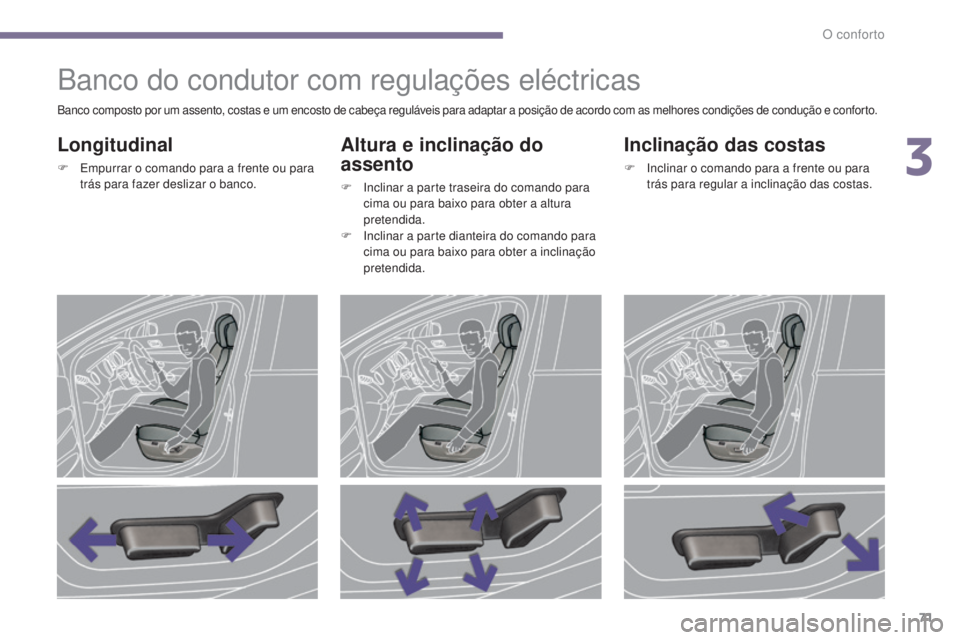 PEUGEOT 3008 2014 Manual de utilização (in Portuguese) 71
Banco do condutor com regulações eléctricas
Longitudinal
F Empurrar o comando para a frente ou para trás para fazer deslizar o banco.
Altura e inclinação do
assento
F Inclinar a parte trasei PEUGEOT 3008 2014 Manual de utilização (in Portuguese) 71
Banco do condutor com regulações eléctricas
Longitudinal
F Empurrar o comando para a frente ou para trás para fazer deslizar o banco.
Altura e inclinação do
assento
F Inclinar a parte trasei