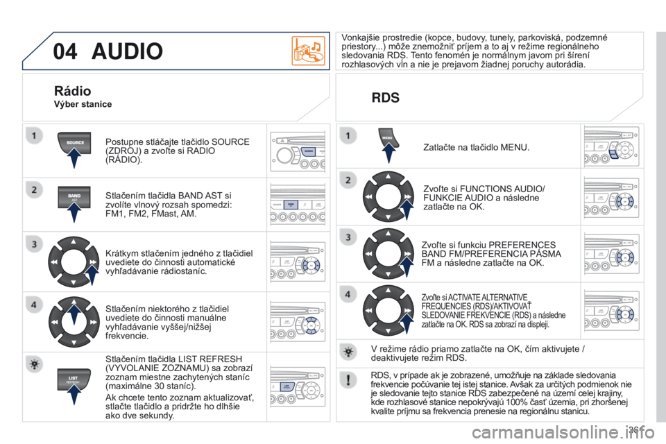 PEUGEOT 3008 2014 Návod na použitie (in Slovakian) 04
361
3008_sk_Chap12d_RD45_ed01_2013
AUDIO
Postupne stláčajte tlačidlo SOURCe
(ZDROJ) a zvoľte si RADIO
(RÁDIO).
Stlačením tlačidla BAND
AST si
zvolíte vlnový rozsah spomedzi:
FM1, FM2 PEUGEOT 3008 2014 Návod na použitie (in Slovakian) 04
361
3008_sk_Chap12d_RD45_ed01_2013
AUDIO
Postupne stláčajte tlačidlo SOURCe
(ZDROJ) a zvoľte si RADIO
(RÁDIO).
Stlačením tlačidla BAND
AST si
zvolíte vlnový rozsah spomedzi:
FM1, FM2