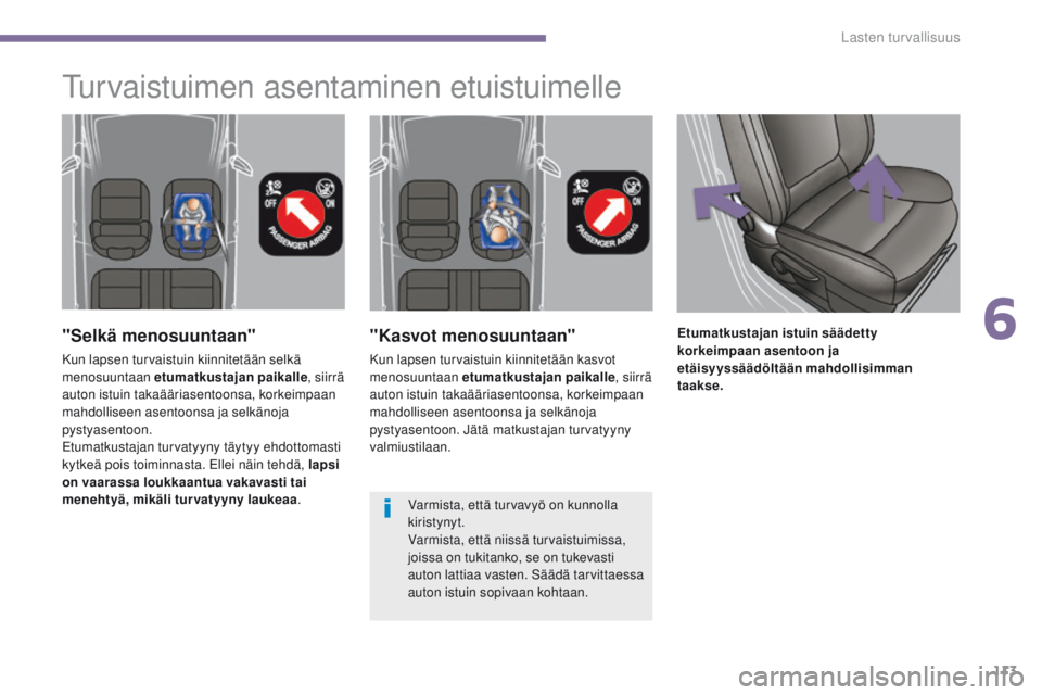 PEUGEOT 3008 2014  Omistajan Käsikirja (in Finnish) 113
"Kasvot menosuuntaan"
Kun lapsen turvaistuin kiinnitetään kasvot 
menosuuntaan etumatkustajan paikalle, siirrä 
auton istuin takaääriasentoonsa, korkeimpaan 
mahdolliseen asentoonsa j