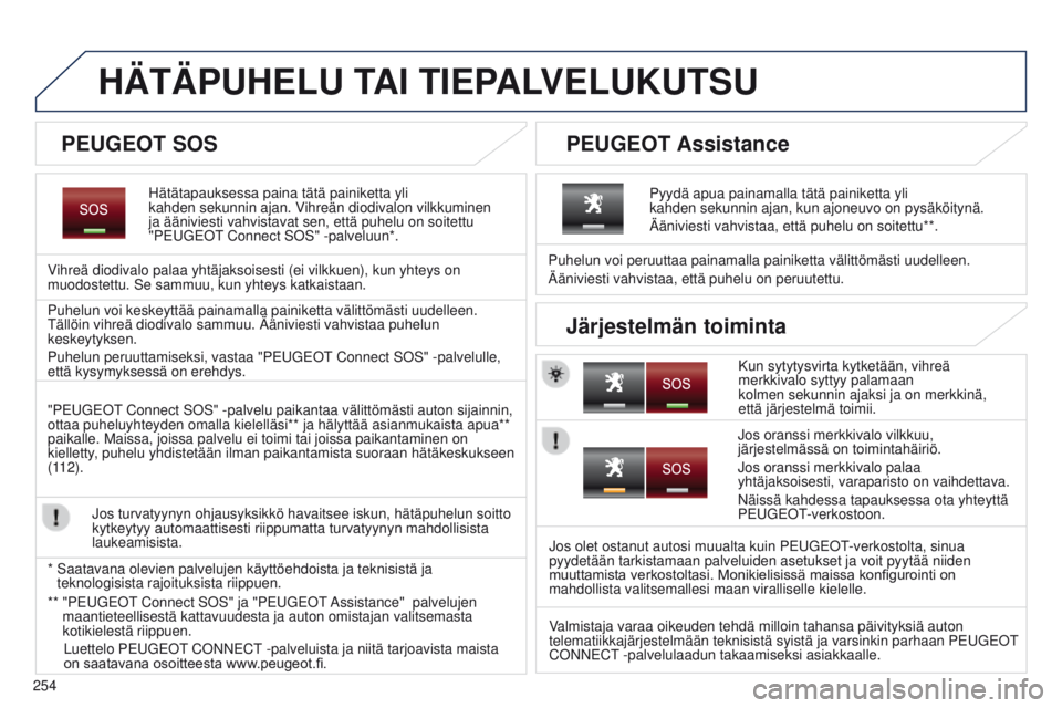 PEUGEOT 3008 2014 Omistajan Käsikirja (in Finnish) 254
HÄTÄPUHELU TAI TIEPALVELUKUTSU
Hätätapauksessa paina tätä painiketta yli
kahden sekunnin ajan. Vihreän diodivalon vilkkuminen
ja ääniviesti vahvistavat sen, että puhelu on soitettu
& PEUGEOT 3008 2014 Omistajan Käsikirja (in Finnish) 254
HÄTÄPUHELU TAI TIEPALVELUKUTSU
Hätätapauksessa paina tätä painiketta yli
kahden sekunnin ajan. Vihreän diodivalon vilkkuminen
ja ääniviesti vahvistavat sen, että puhelu on soitettu
&