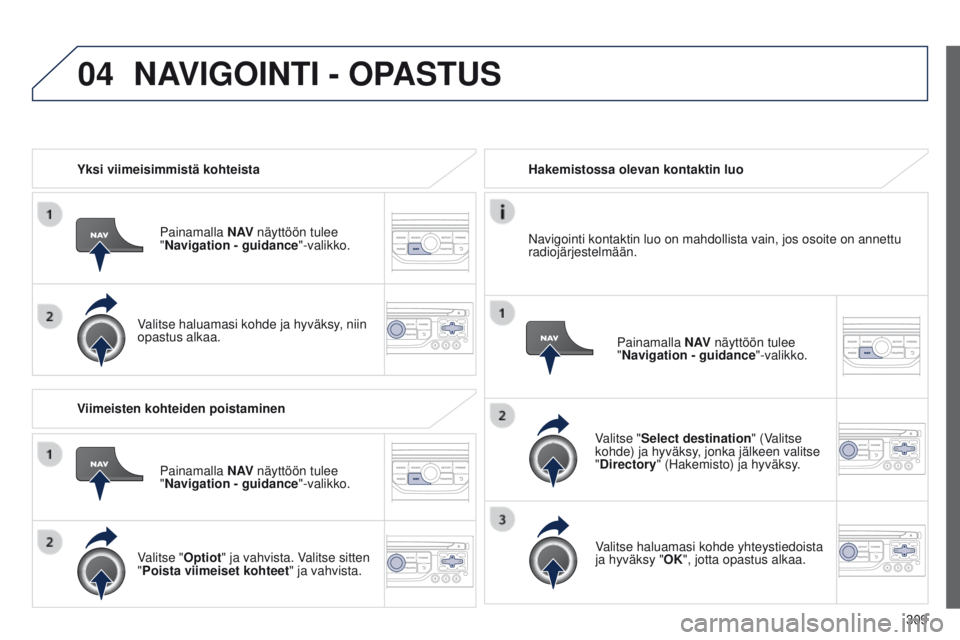 PEUGEOT 3008 2014 Omistajan Käsikirja (in Finnish) 04
309
3008_fi_Chap12c_RT6-2-8_ed01-2014
Yksi viimeisimmistä kohteistaPainamalla N AV näyttöön tulee
"Navigation - guidance "-valikko.
Valitse haluamasi kohde ja hyväksy, niin
opastus PEUGEOT 3008 2014 Omistajan Käsikirja (in Finnish) 04
309
3008_fi_Chap12c_RT6-2-8_ed01-2014
Yksi viimeisimmistä kohteistaPainamalla N AV näyttöön tulee
"Navigation - guidance "-valikko.
Valitse haluamasi kohde ja hyväksy, niin
opastus