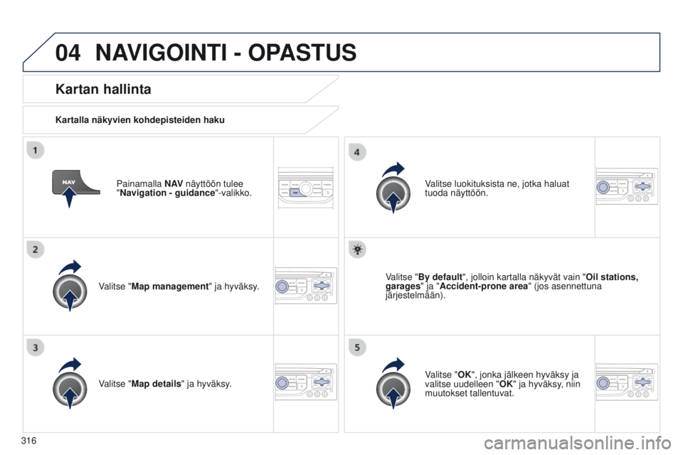 PEUGEOT 3008 2014 Omistajan Käsikirja (in Finnish) 04
316
3008_fi_Chap12c_RT6-2-8_ed01-2014
Painamalla N AV näyttöön tulee
"Navigation - guidance "-valikko.
Kartan hallinta
Kartalla näkyvien kohdepisteiden haku
Valitse "Map managemen PEUGEOT 3008 2014 Omistajan Käsikirja (in Finnish) 04
316
3008_fi_Chap12c_RT6-2-8_ed01-2014
Painamalla N AV näyttöön tulee
"Navigation - guidance "-valikko.
Kartan hallinta
Kartalla näkyvien kohdepisteiden haku
Valitse "Map managemen